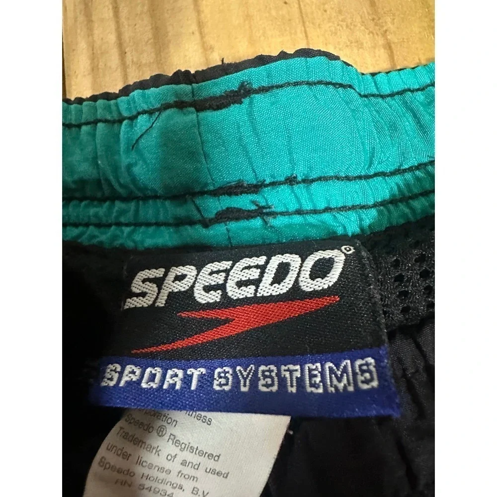 Vintage Speedo SPELLOUT Swim Trunks Mens Size XL Black Blue Pockets Drawstring